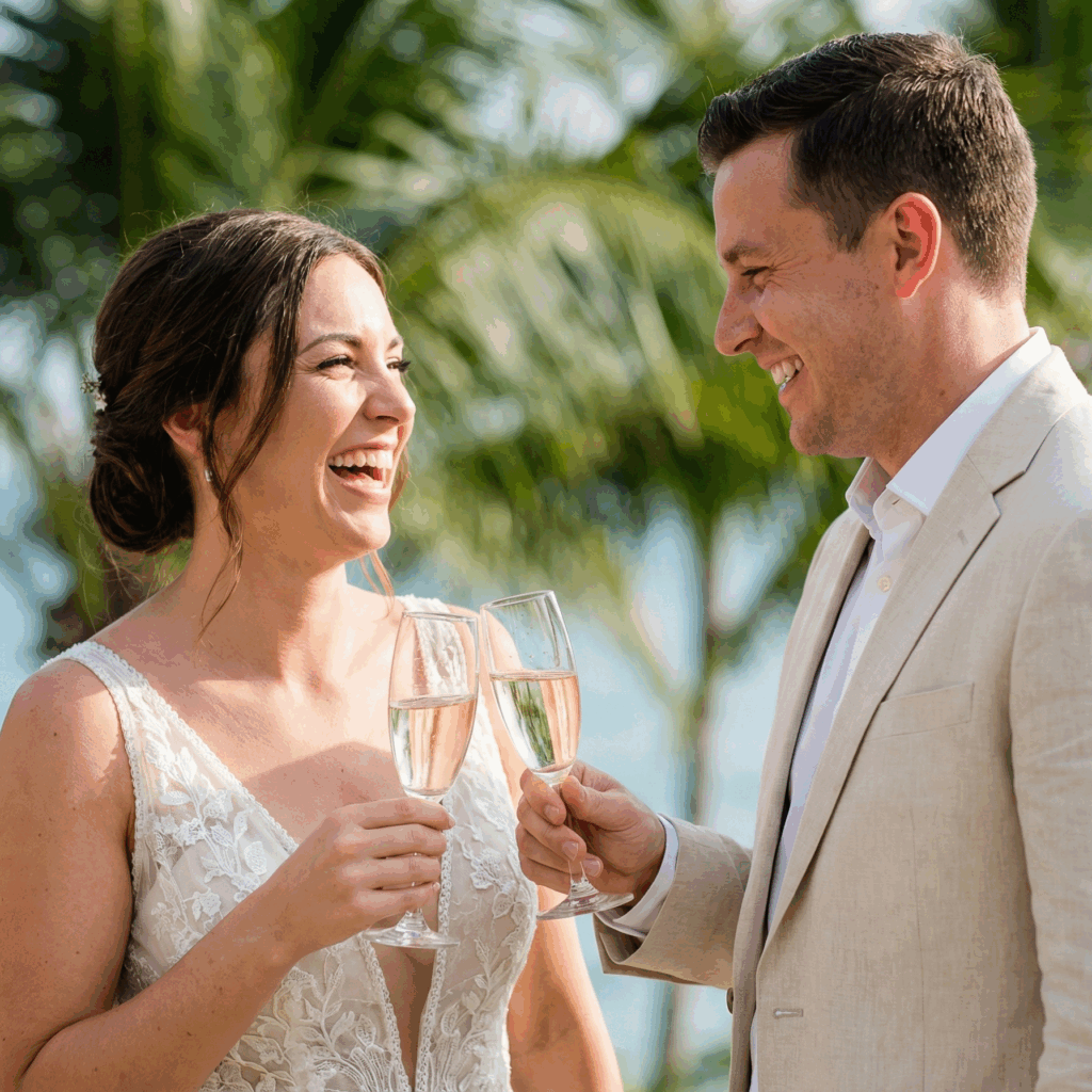 A happy bride and groom laughing and toasting with champagne against a tropical background in Thailand.