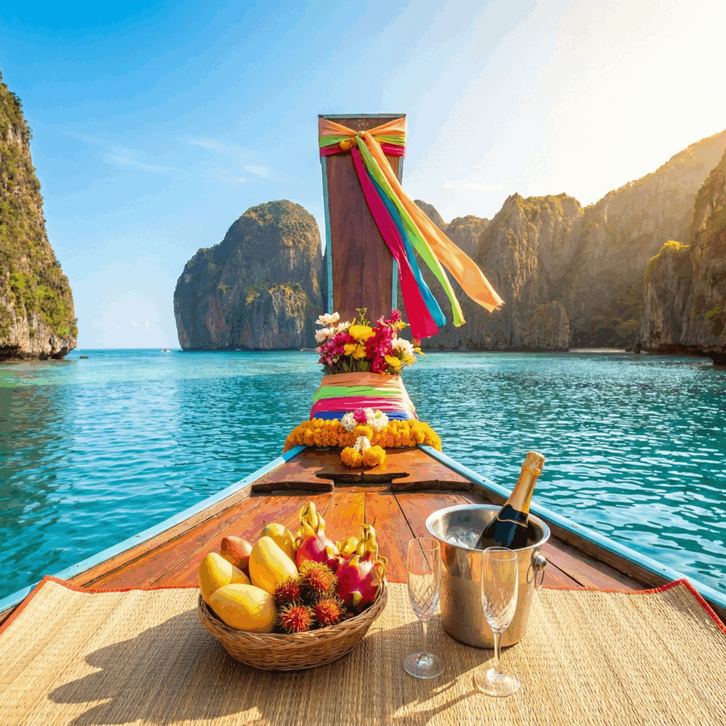 A private Thai longtail boat decorated for a honeymoon couple with a picnic setup and turquoise water.