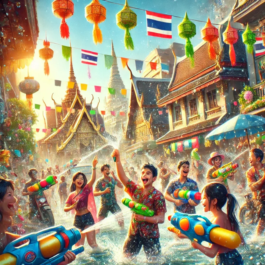 people having a water fight during Songkran festival in Thailand