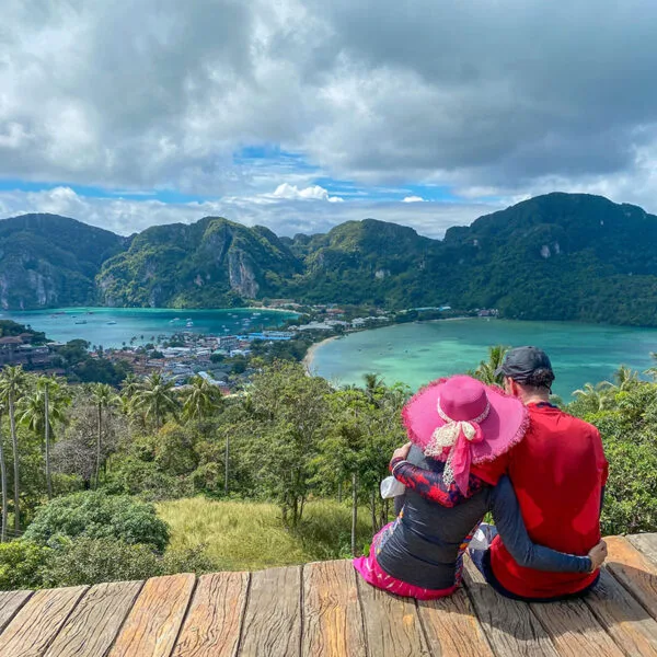 A couple at a scenic viewpoint during the Khao Lak Trip to Phi Phi Island, Early Bird Maya Bay, and Bamboo Island