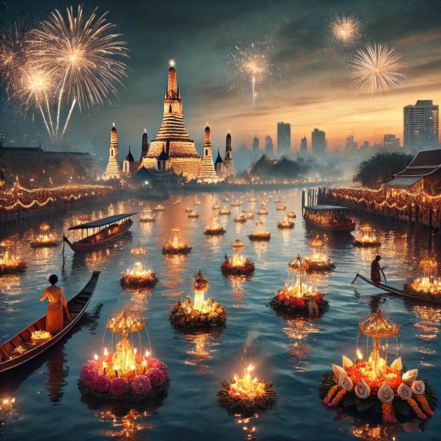 a magical dreamy scene of lanterns and fireworks on the river in Bangkok with the Palace