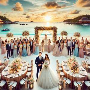 Dreaming of a Phuket Wedding - Let Us Handle Every Detail for Your Perfect Day a large group wedding photo about to dine on the beach at sunset