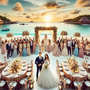 Dreaming of a Phuket Wedding - Let Us Handle Every Detail for Your Perfect Day a large group wedding photo about to dine on the beach at sunset