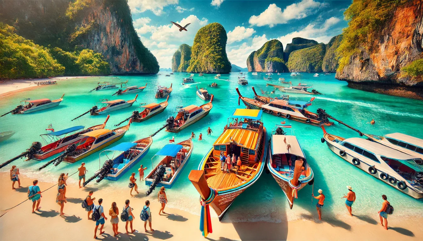 a busy island hopping beach scene in Phuket with lots of different boats