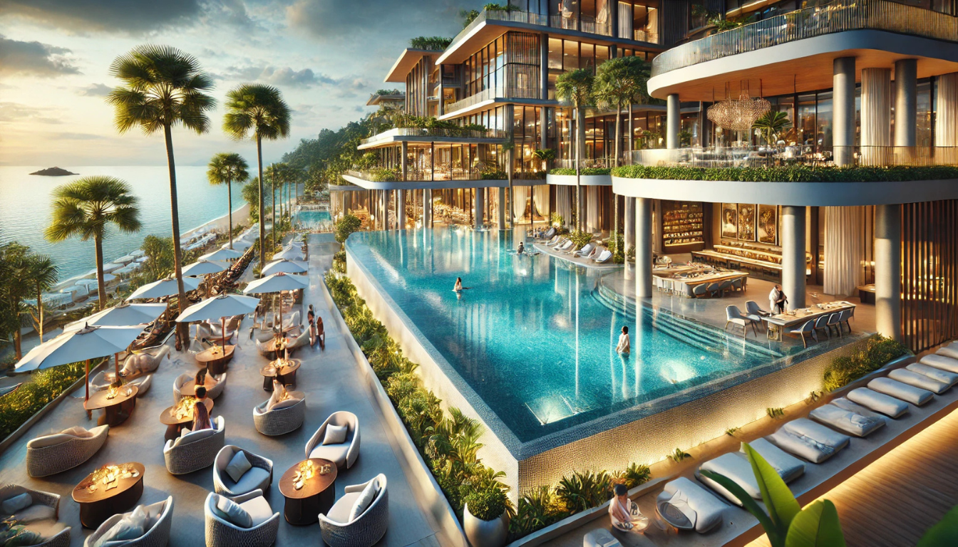 a gorgeous 5 star hotel pool scene by the beach in Thailand