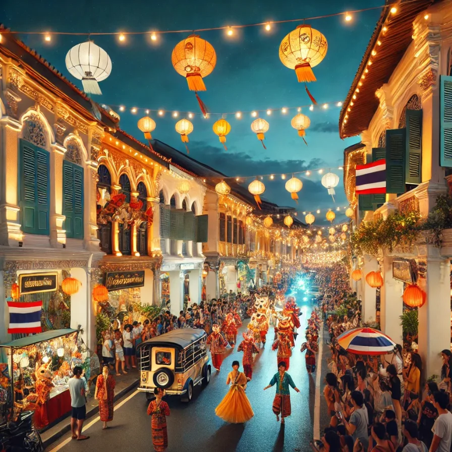 an energetic cultural parade of people in costumes during the Phuket Old Town Festival