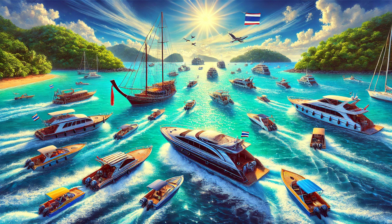 a busy harbour full of different moving boats on tours in Phuket