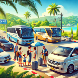 Stressed About Getting Around Phuket - Our Ground Transportation Network Has You Covered a mini van buses are private cars parked by the ocean for Phuket transport