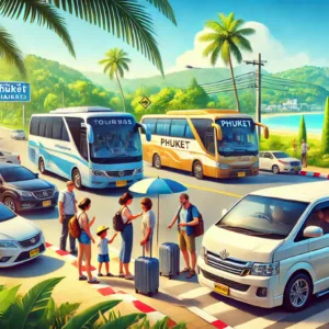 Stressed About Getting Around Phuket - Our Ground Transportation Network Has You Covered a mini van buses are private cars parked by the ocean for Phuket transport