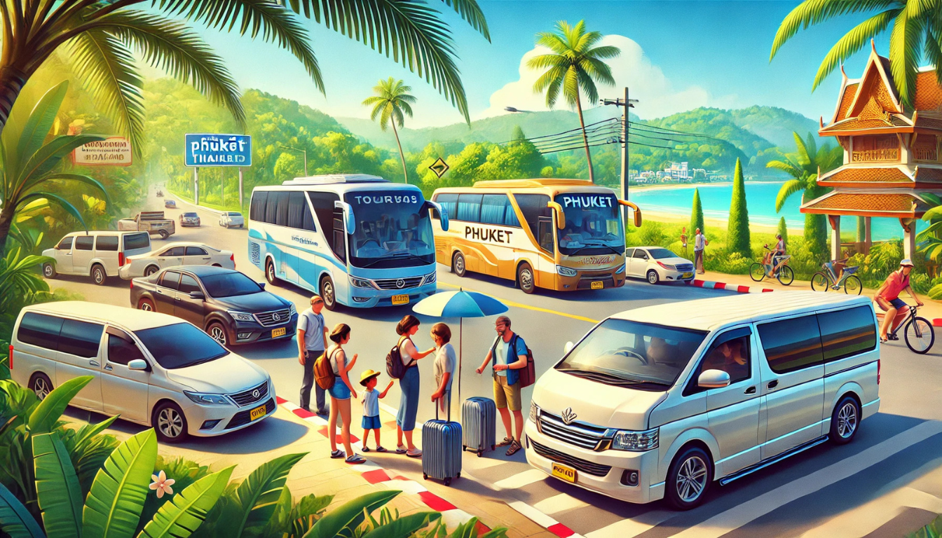 a mini van buses are private cars parked by the ocean for Phuket transport