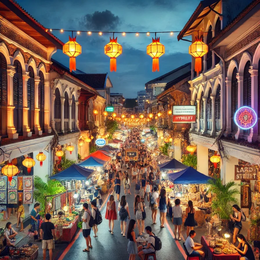 a busy scene of people and food and market stalls at Sunday Walking Street Market Phuket Town Lard Yai