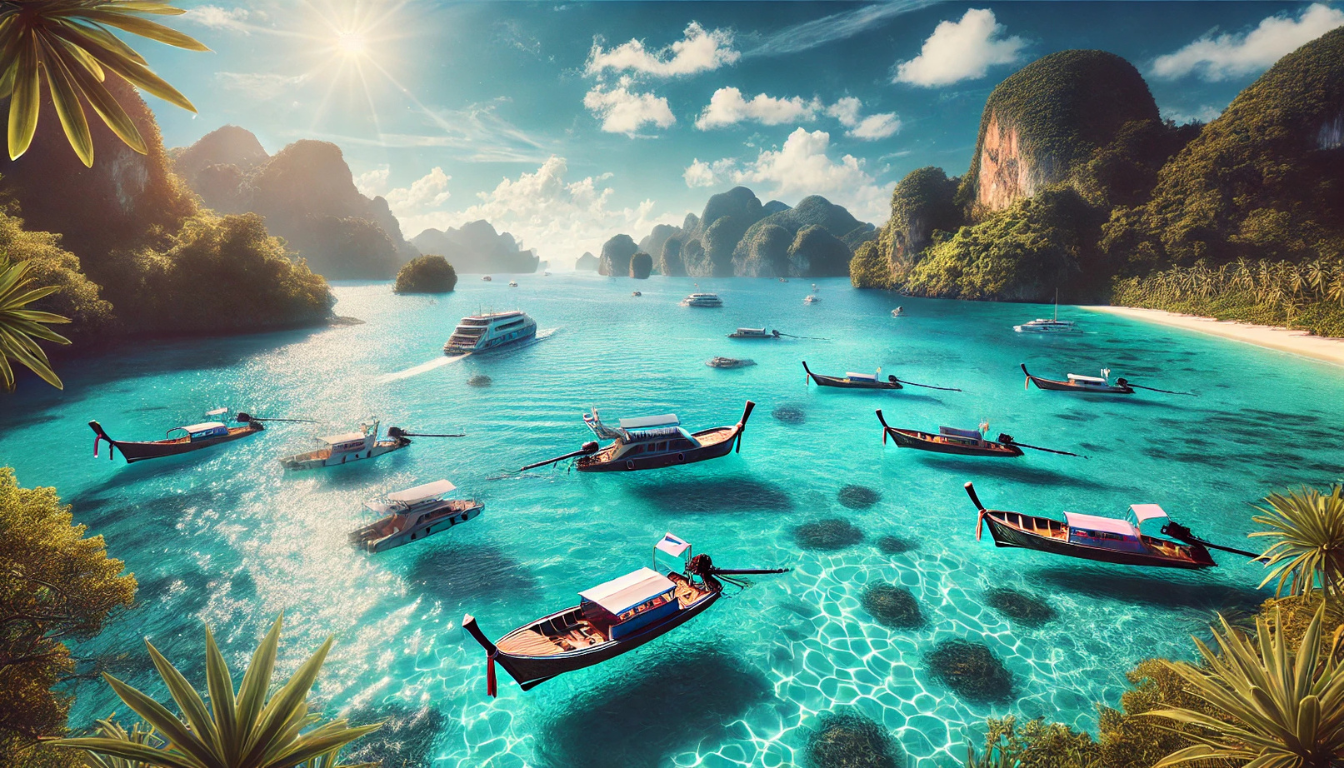 a gorgeous turquoise ocean bay view with boats in Phuket