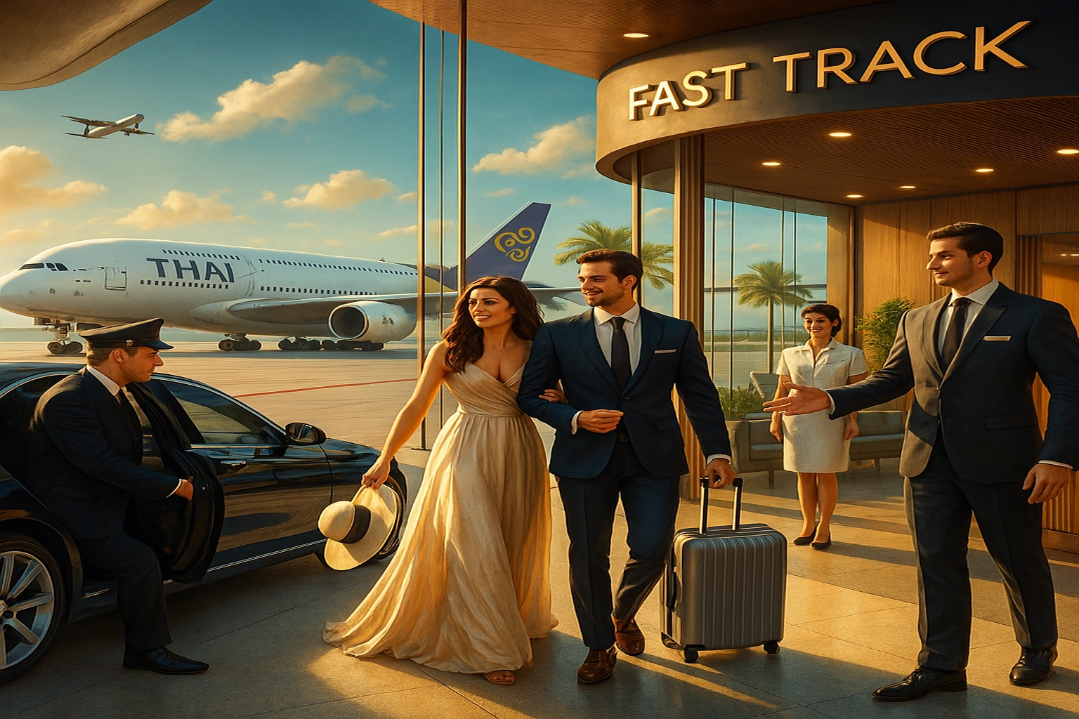 a couple using the Fast Track immigration arrival service and a private car service in Phuket