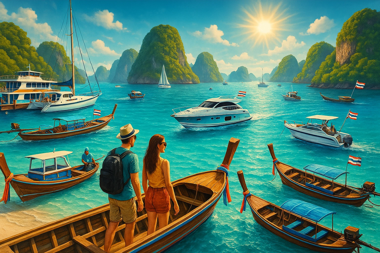a couple on a longtail boat in a scene of many different kinds of boats