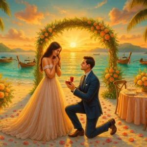 Planning a Phuket Proposal - Our Wedding Arrangements Make Romance Unforgettable A groom on one knee presenting the ring to his bride at a beach wedding ceremony