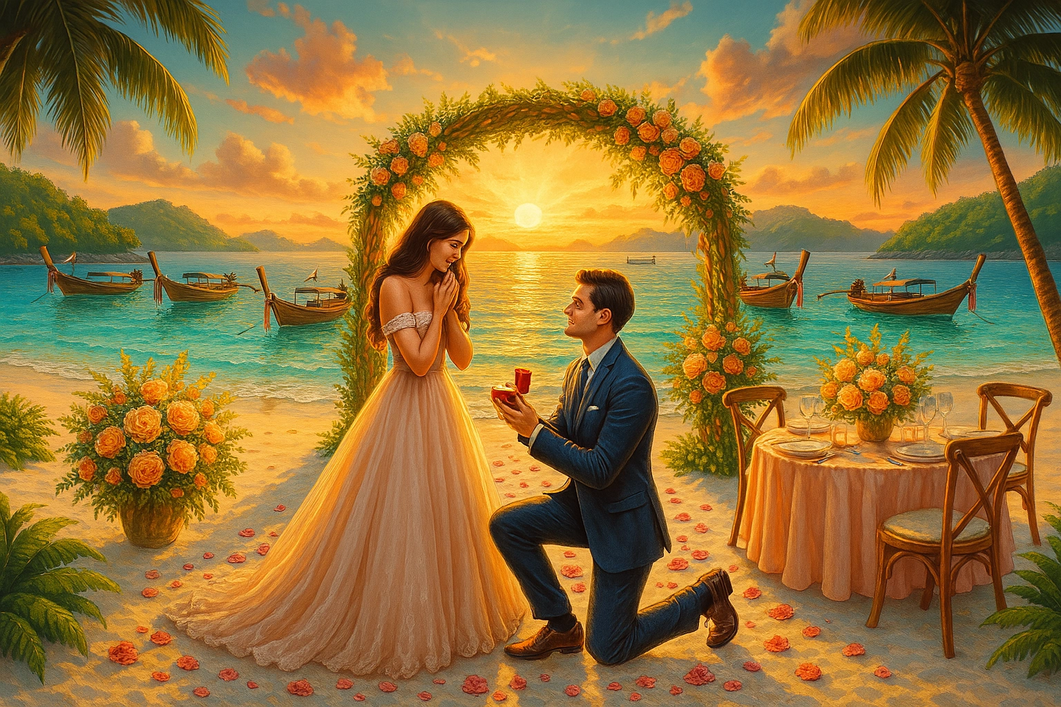 A groom on one knee presenting the ring to his bride at a beach wedding ceremony
