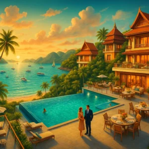 Unsure Where to Stay in Thailand - Our Hotel Booking Secrets Guarantee the Perfect Spot guests on a scenic pool terrace at a hotel in Phuket, overlooking the ocean
