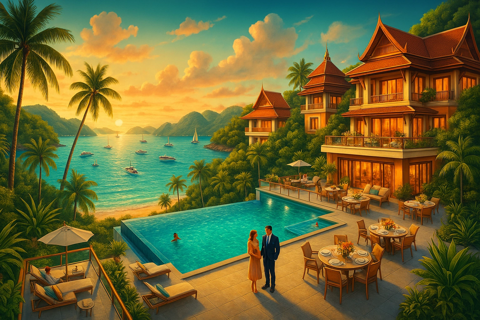 guests on a scenic pool terrace at a hotel in Phuket, overlooking the ocean