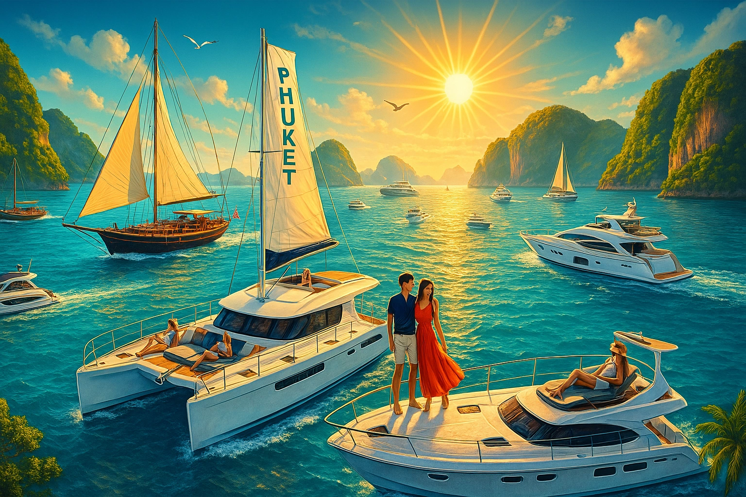 a busy boat scene showcasing couples on a private yacht and private catamaran tour