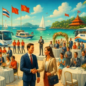 Worried About Group Travel Chaos - Our MICE Services Keep Everyone Happy a busy MICE group booking function by the beach in Phuket