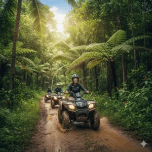 ATV Riding through Phuket's Sustainable Jungle Trails A group of adventurers on ATVs riding through a well-maintained dirt trail in a vibrant, green Phuket jungle, demonstrating an exciting yet sustainable land tour activity with minimal environmental impact.