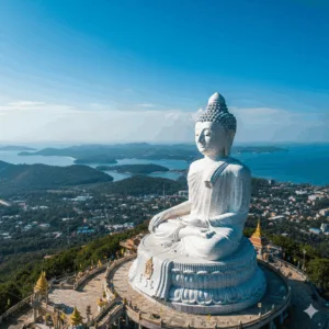 Big Buddha Temple on Phuket Hilltop The magnificent white marble Big Buddha statue atop Nakkerd Hill in Phuket, gleaming under a clear blue sky, with panoramic views of the surrounding islands and coastline visible in the background, representing a significant cultural landmark.