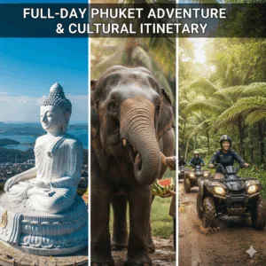 Full-Day Phuket Cultural and Adventure Tour Itinerary A dynamic collage or multi-panel image showing various activities of a full-day Phuket tour: the Big Buddha, an elephant sanctuary (ethical interaction), and an ATV ride through the jungle, representing a comprehensive and diverse itinerary.
