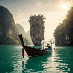 Longtail Boat at James Bond Island (Khao Phing Kan) A traditional Thai longtail boat gently floating in front of the distinctive limestone stack of Ko Tapu, also known as James Bond Island, in Phang Nga Bay, surrounded by serene green waters and lush mangrove forests.