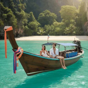 Private Longtail Boat Experience in Phuket A couple relaxing on a private, decorated longtail boat, with no other tourists in sight, enjoying the stunning clear waters and a secluded beach cove with lush greenery in the background during a sunny day in Phuket.