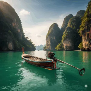 Traditional Longtail Boat in Phang Nga Bay A classic wooden longtail boat with a distinctive long propeller shaft at the back, navigating through the emerald-green waters of Phang Nga Bay, with towering limestone karsts and lush greenery in the background under a sunny sky.
