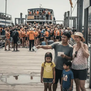 phuket-tour-mistakes-avoid A family of tourists looking confused and unhappy at a very crowded, chaotic boat pier in Phuket, illustrating a tour mistake.