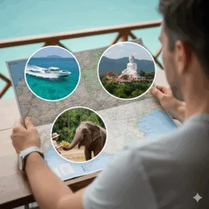 phuket-tour-planning-guide A tourist looks at a map of Phuket, with images of a speedboat, a temple, and an elephant sanctuary representing the choices.