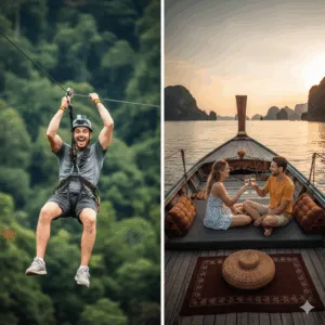 phuket-travel-styles-comparison A split-screen image showing a person ziplining for adventure travel and a couple on a romantic boat tour.