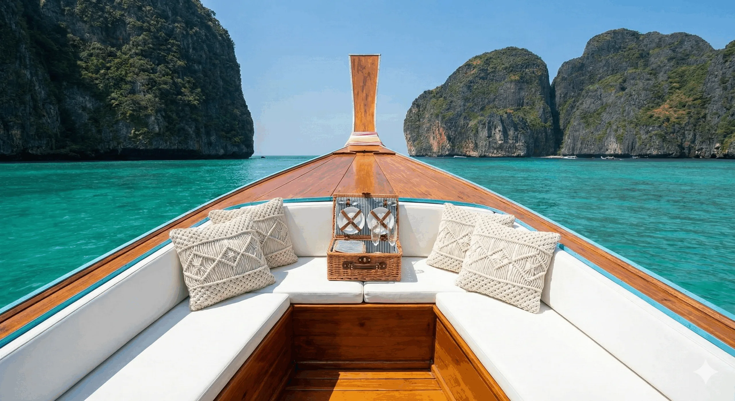 View from the bow of a private luxury longtail boat in Phuket featuring white plush cushions, macrame pillows, and a picnic setup against a backdrop of limestone karsts and turquoise water.