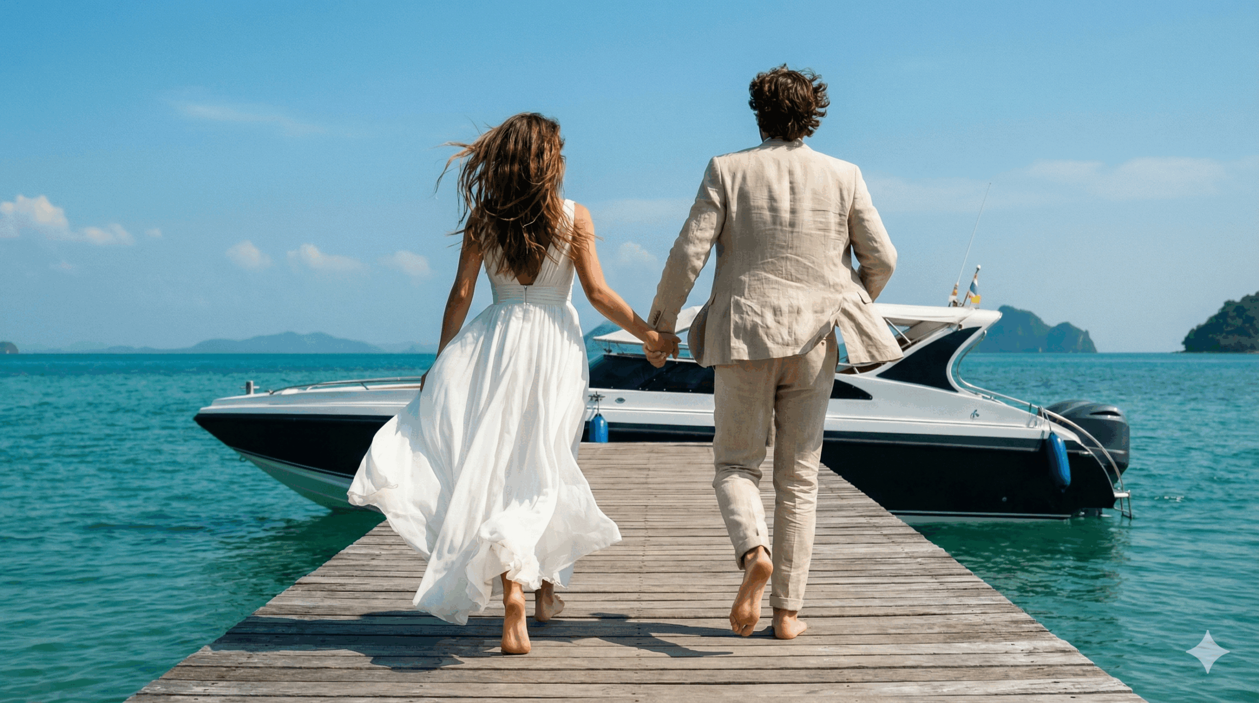 Newlyweds running towards a speedboat to start their honeymoon in Phuket.