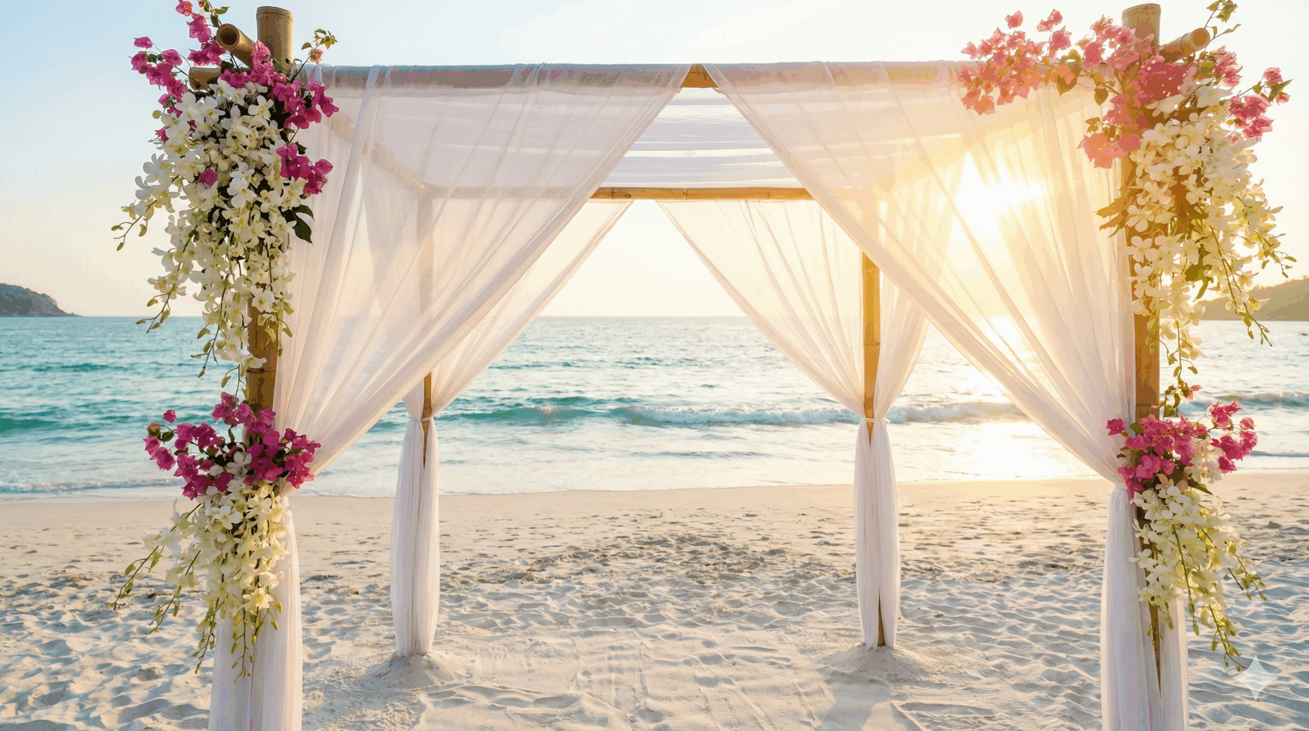A romantic bamboo wedding arch draped in white fabric and tropical flowers on a sandy Phuket beach during sunset.