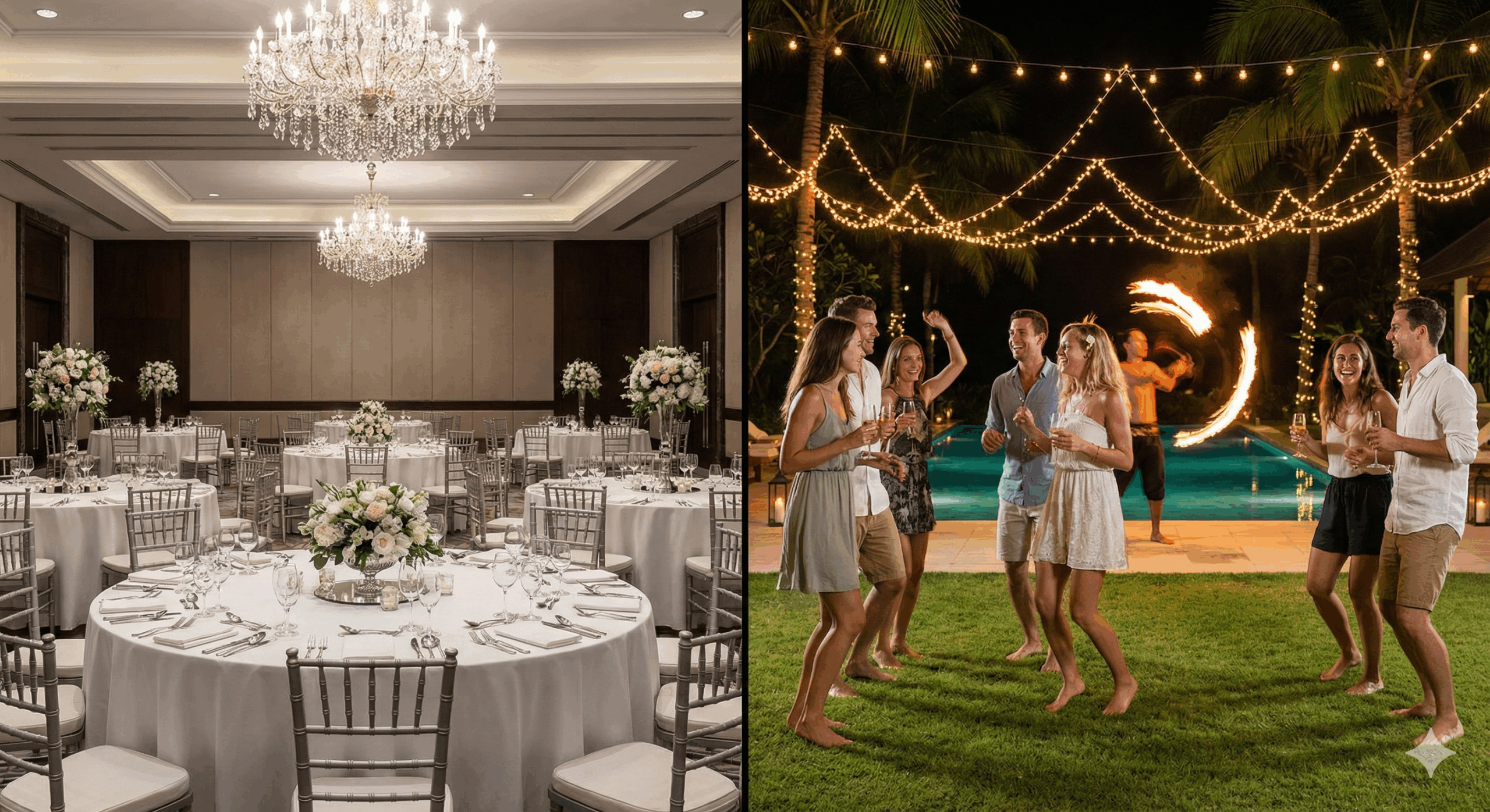 Comparison of a formal hotel indoor wedding versus a fun outdoor private villa wedding party.