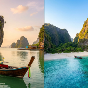 James Bond Island vs Phi Phi day trip — split view of Phang Nga Bay karsts and Maya Bay turquoise waters from Phuket