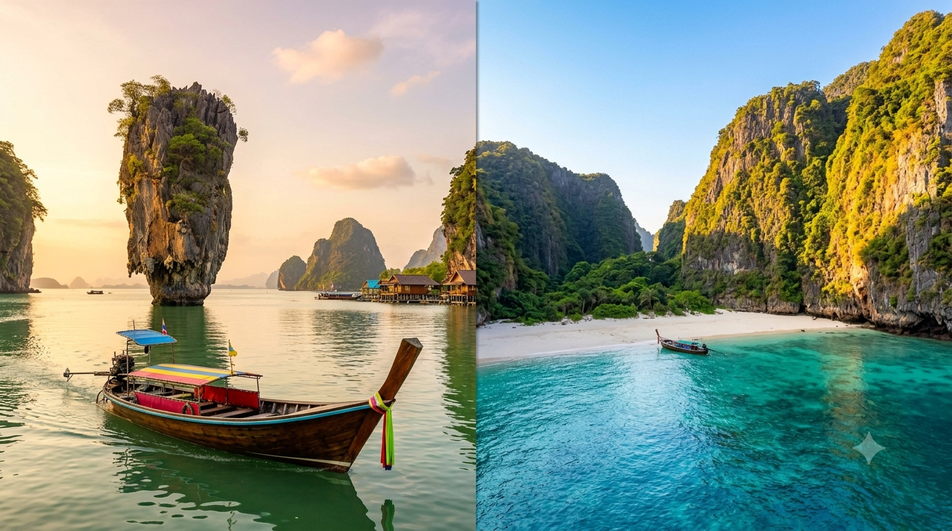 James Bond Island vs Phi Phi day trip — split view of Phang Nga Bay karsts and Maya Bay turquoise waters from Phuket