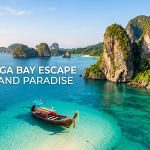 Traditional Thai longtail boat on turquoise water among the limestone islands of Phang Nga Bay, Phuket