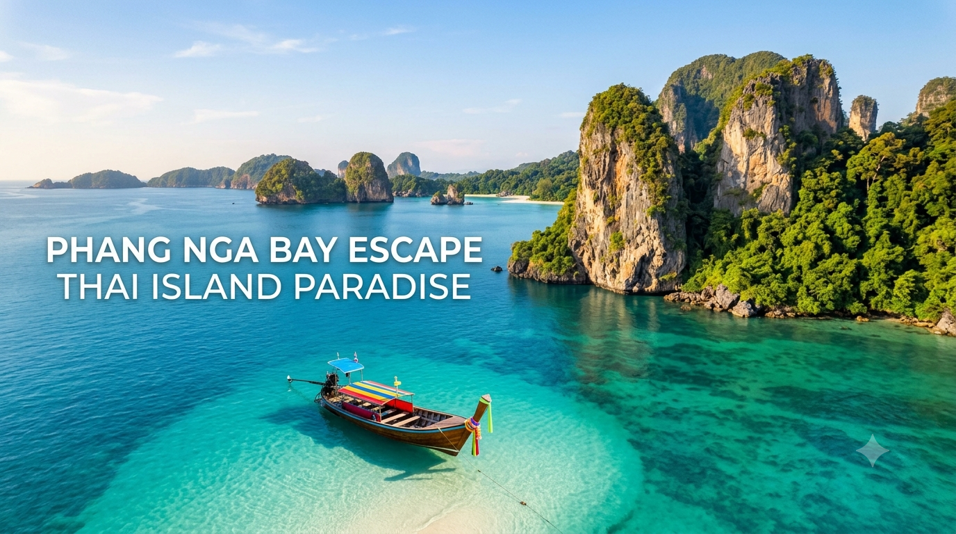 Traditional Thai longtail boat on turquoise water among the limestone islands of Phang Nga Bay, Phuket