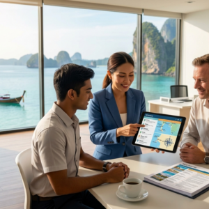Thailand DMC for travel agents — Phuket Dream Company team planning a custom Thailand itinerary with ocean views