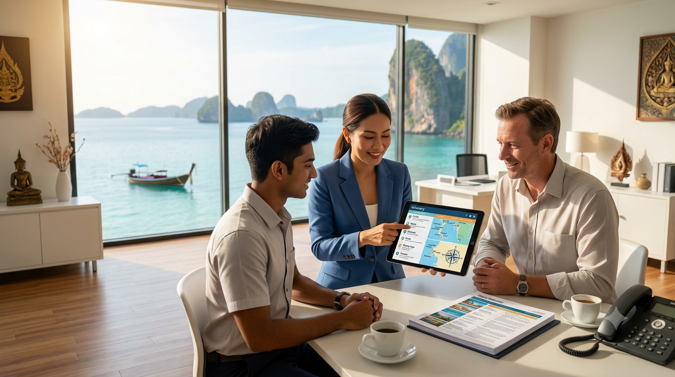 Thailand DMC for travel agents — Phuket Dream Company team planning a custom Thailand itinerary with ocean views