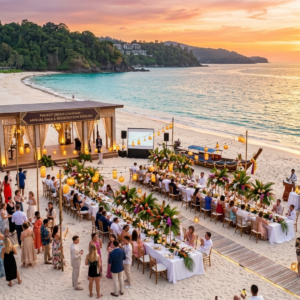 Corporate incentive trip Phuket gala dinner on the beach at sunset with elegantly dressed guests
