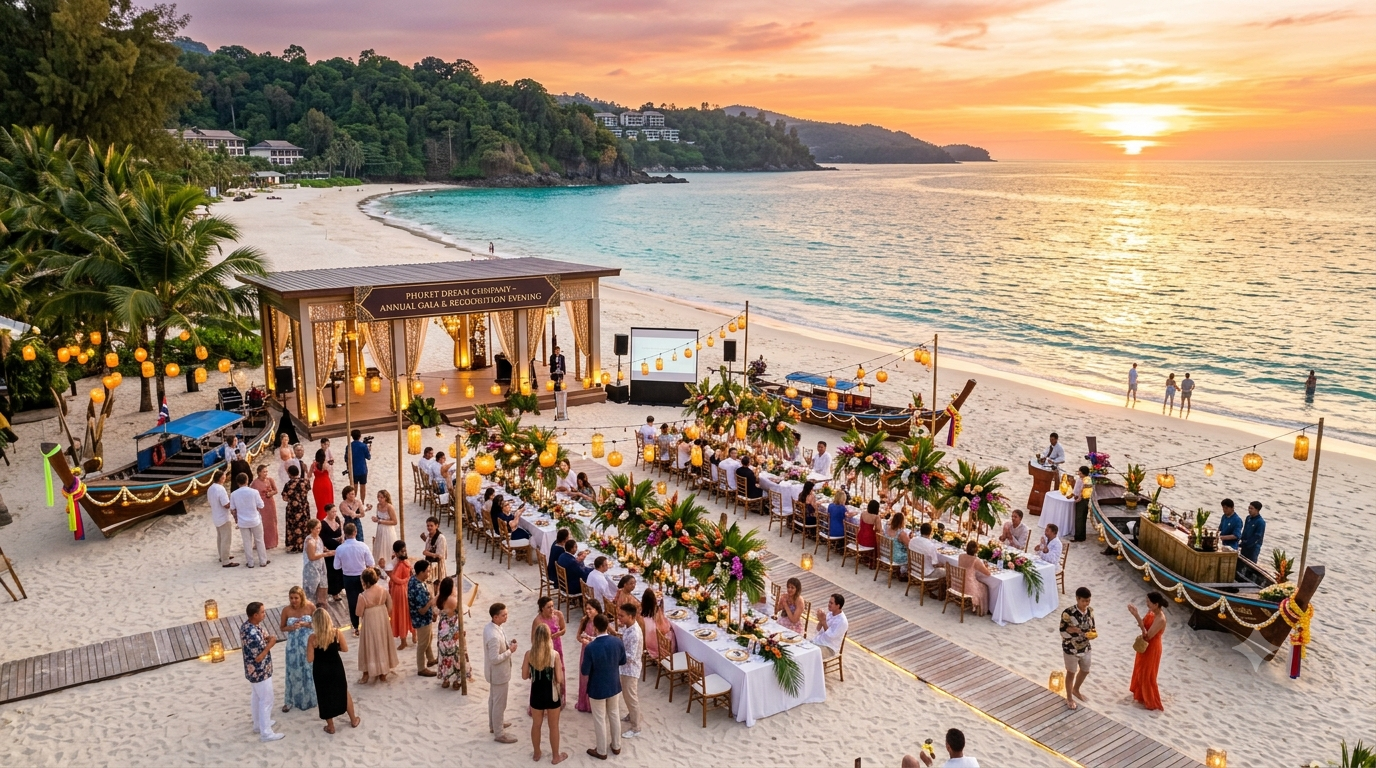 Corporate incentive trip Phuket gala dinner on the beach at sunset with elegantly dressed guests