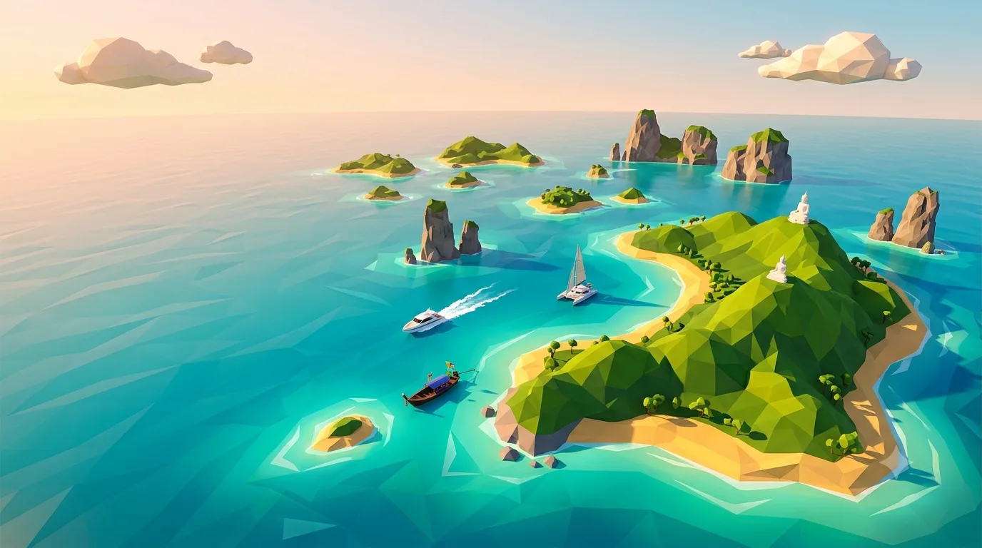 3d rendered map of Phuket and surrounding islands Andaman Sea viewed from a high aerial angle: a large tropical island in the foreground with lush green low-poly hills, golden beaches and a small white Buddha statue on a hilltop, surrounded by scattered smaller islands and dramatic limestone karst pillars rising from the water.