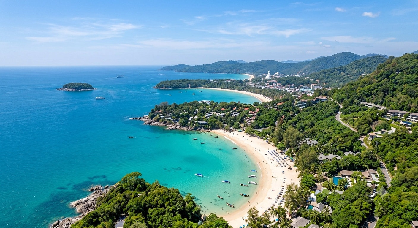 Aerial view of the best beaches in Phuket showing turquoise water, white sand, and green hills