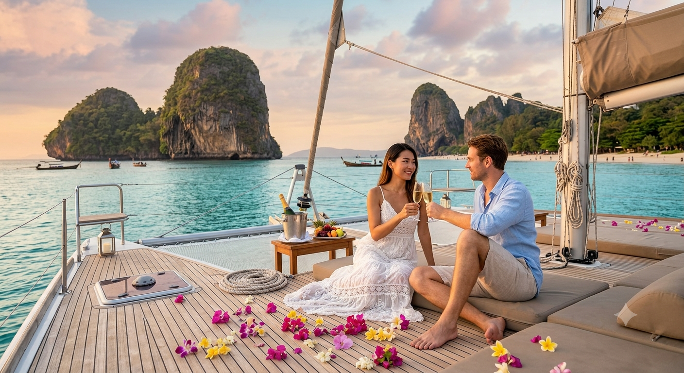 Couple enjoying a private sunset catamaran cruise in Phuket romantic Phuket honeymoon ideas