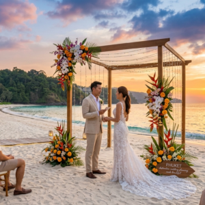 Couple exchanging vows on a Phuket beach at sunset — Phuket destination wedding planning made beautiful