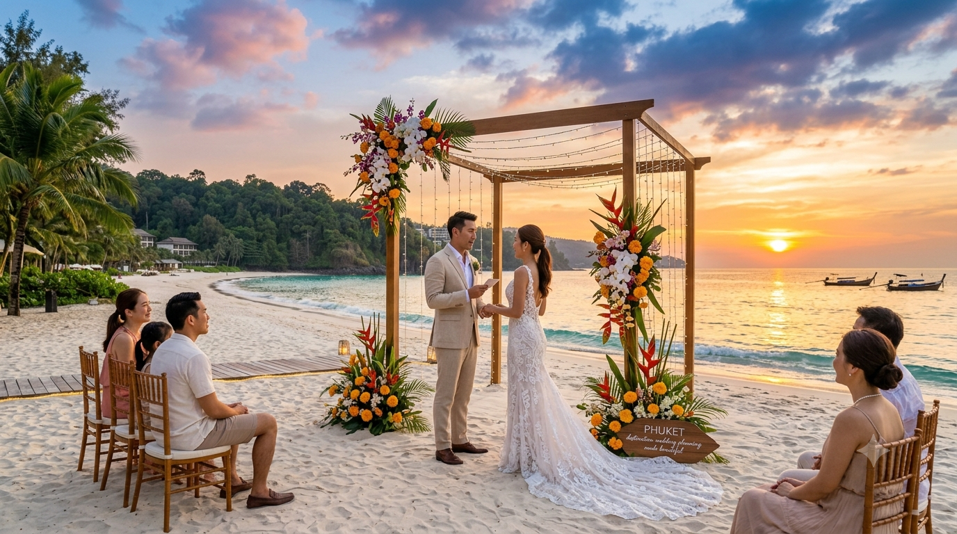 Couple exchanging vows on a Phuket beach at sunset — Phuket destination wedding planning made beautiful